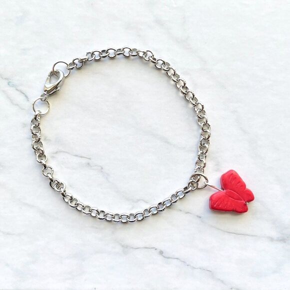 Red Butterfly Charm Silver Chain Bracelet - Picture 5 of 5